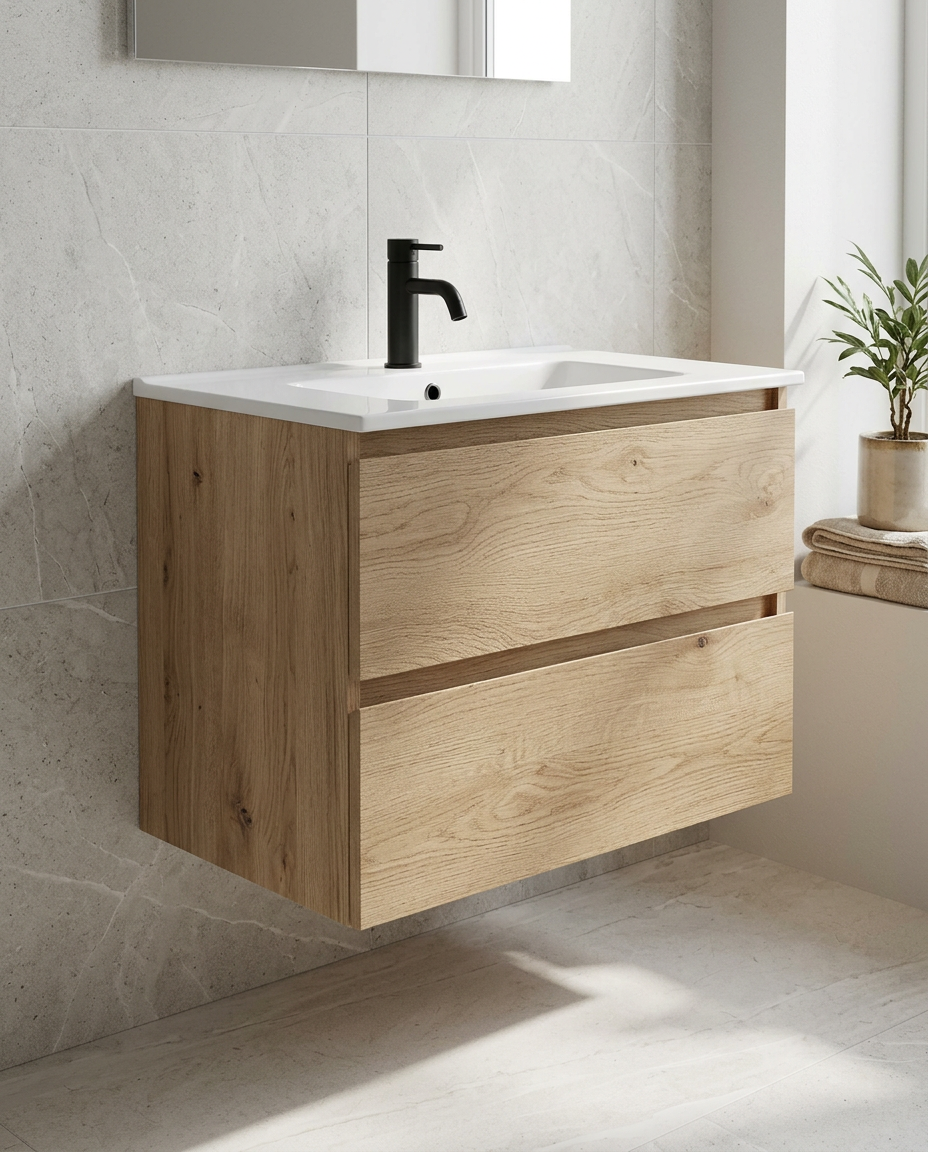 Concetta 800mm Wall Hung Vanity Unit & Basin, 2 Drawers in a bright modern bathroom