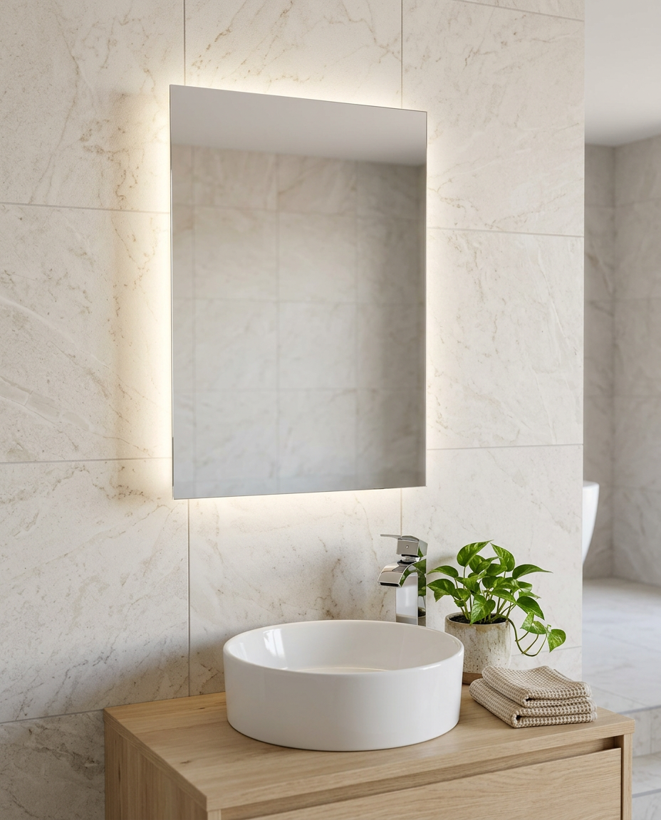 Coniston Backlit LED Mirror with Toothbrush Charger in a bright modern bathroom