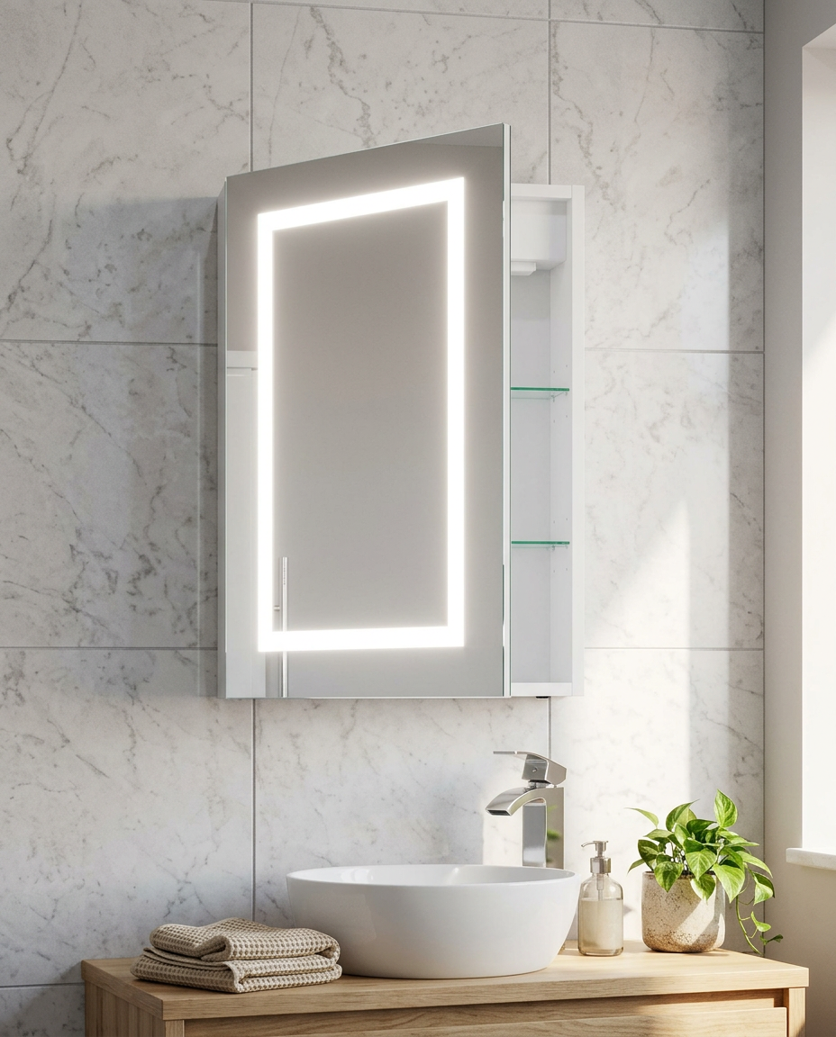 Contour LED Mirror Cabinet in a bright modern bathroom