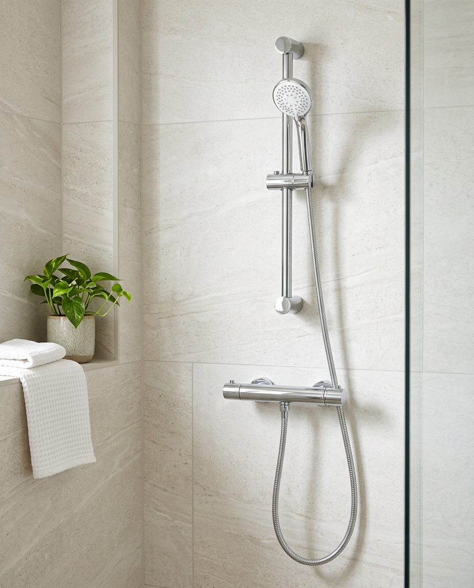 Coolsafe Thermostatic Bar Valve Shower Set in a bright modern bathroom