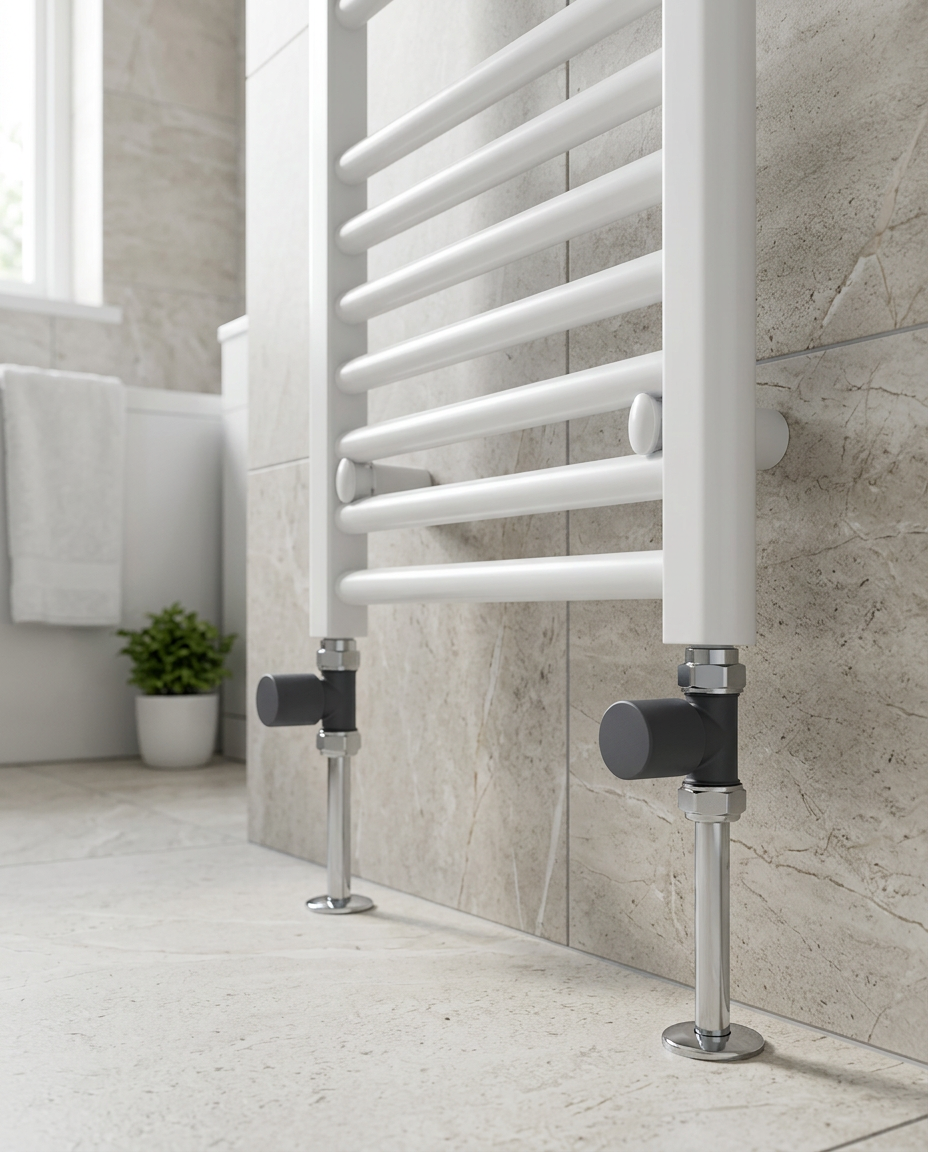 Corner Radiator Valves, anthracite in a bright modern bathroom