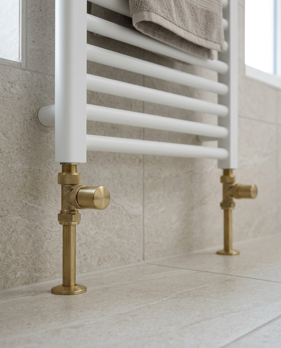 Corner Radiator Valves, brushed brass in a bright modern bathroom