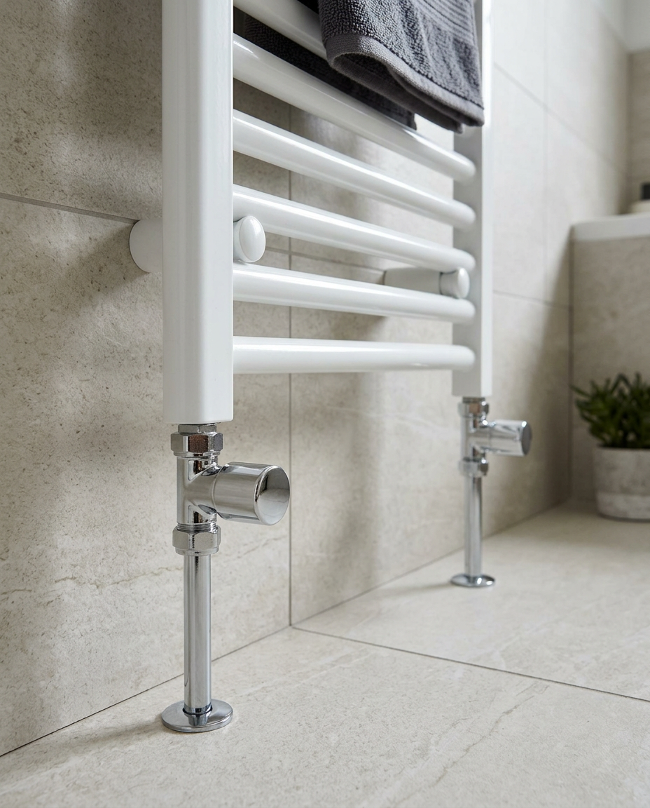 Corner Radiator Valves, dual fuel corner valves for heating elements, chrome in a bright modern bathroom