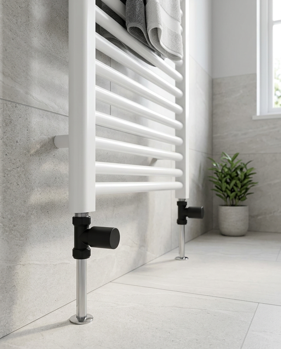 Corner Radiator Valves, matt black in a bright modern bathroom