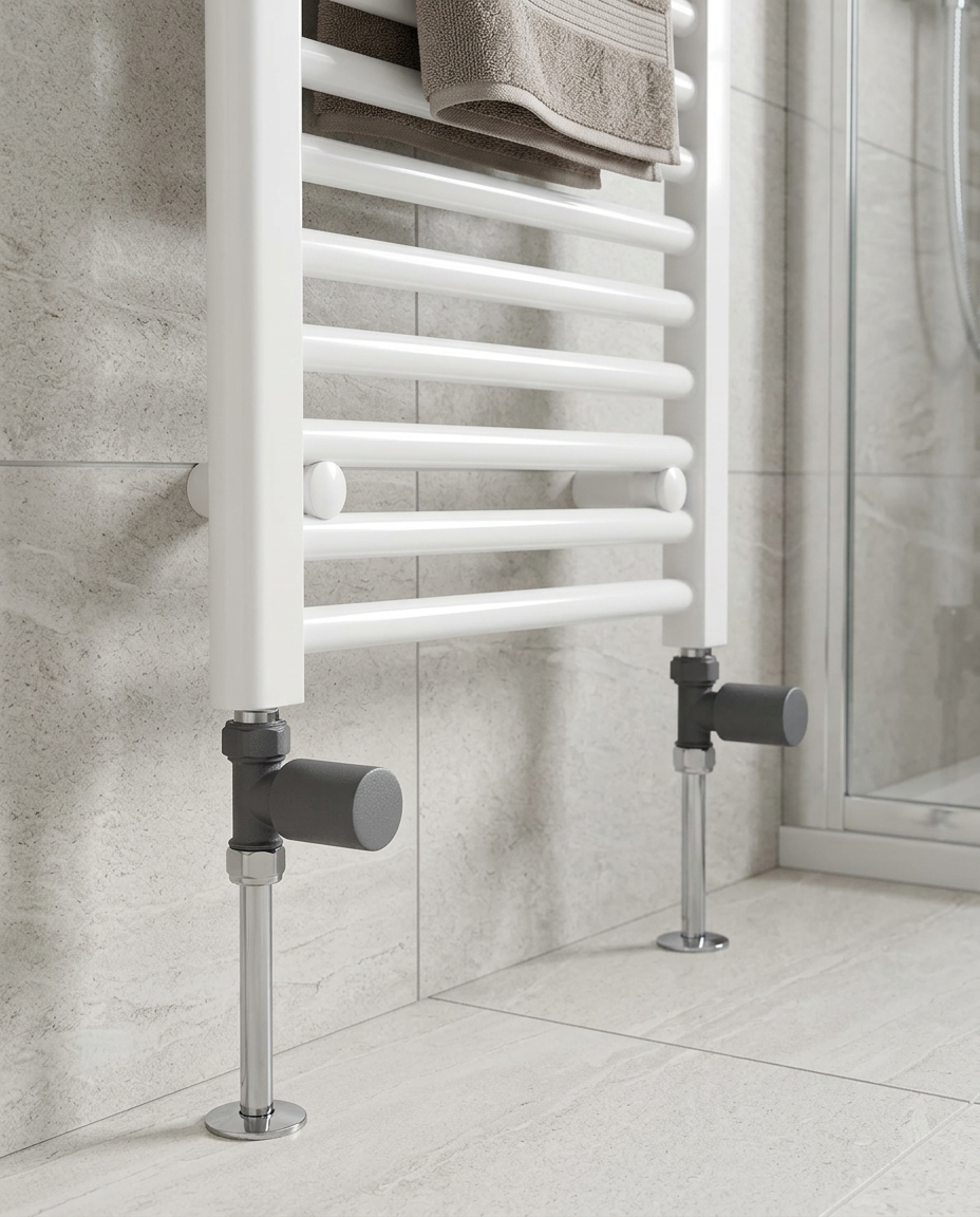 Corner Radiator Valves, textured grey in a bright modern bathroom