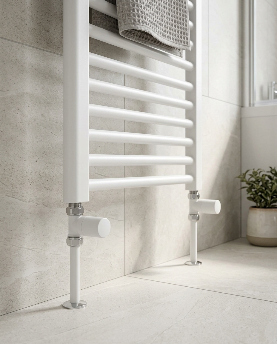 Corner Radiator Valves, white in a bright modern bathroom