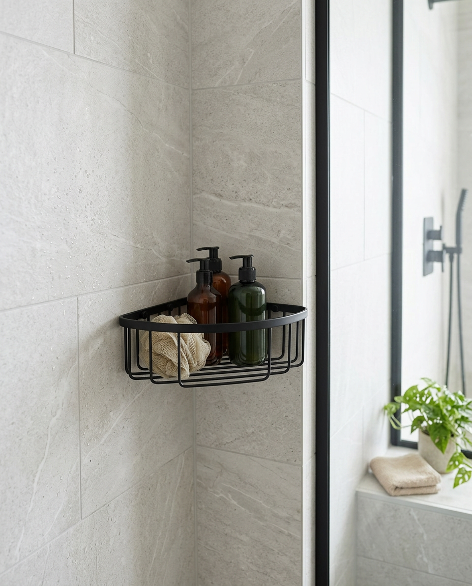 Corner Shower Basket in a bright modern bathroom