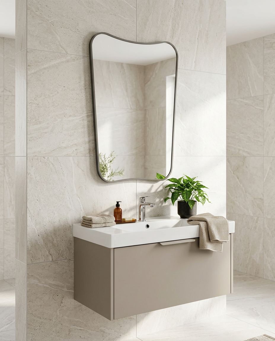 Cosma Organic Framed Mirror in a bright modern bathroom