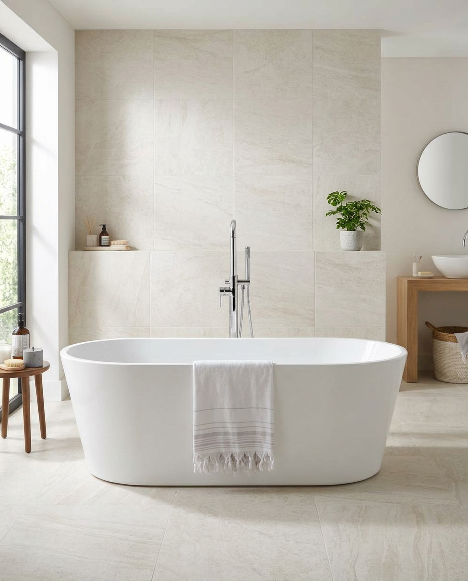 Costa Freestanding Bath in a bright modern bathroom