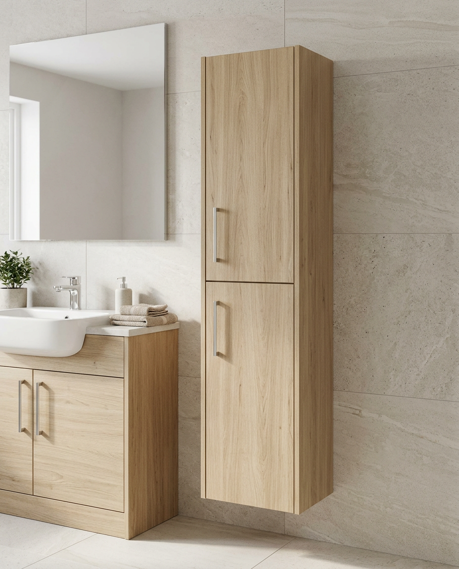 Cotsford 1500mm Wall Hung Tall Storage Unit in a bright modern bathroom