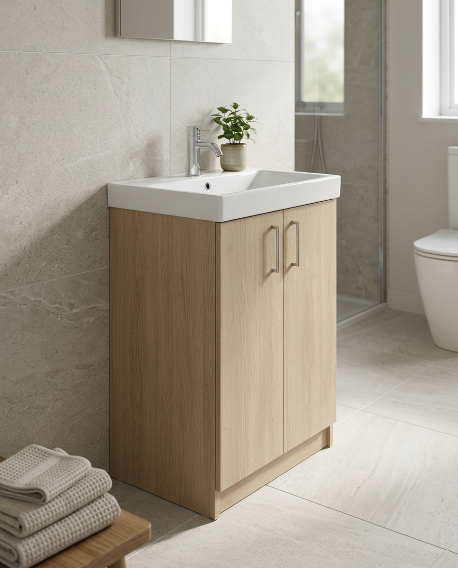 Cotsford 600mm Floorstanding Vanity Unit & Basin, 2 Doors in a bright modern bathroom
