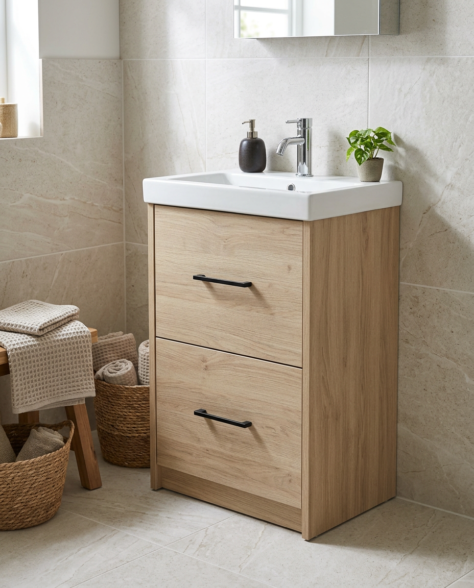 Cotsford 600mm Floorstanding Vanity Unit & Basin, 2 Drawers in a bright modern bathroom