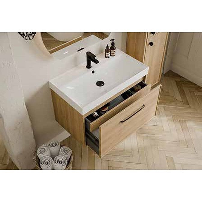 Cotsford sandy oak vanity unit with drawer open