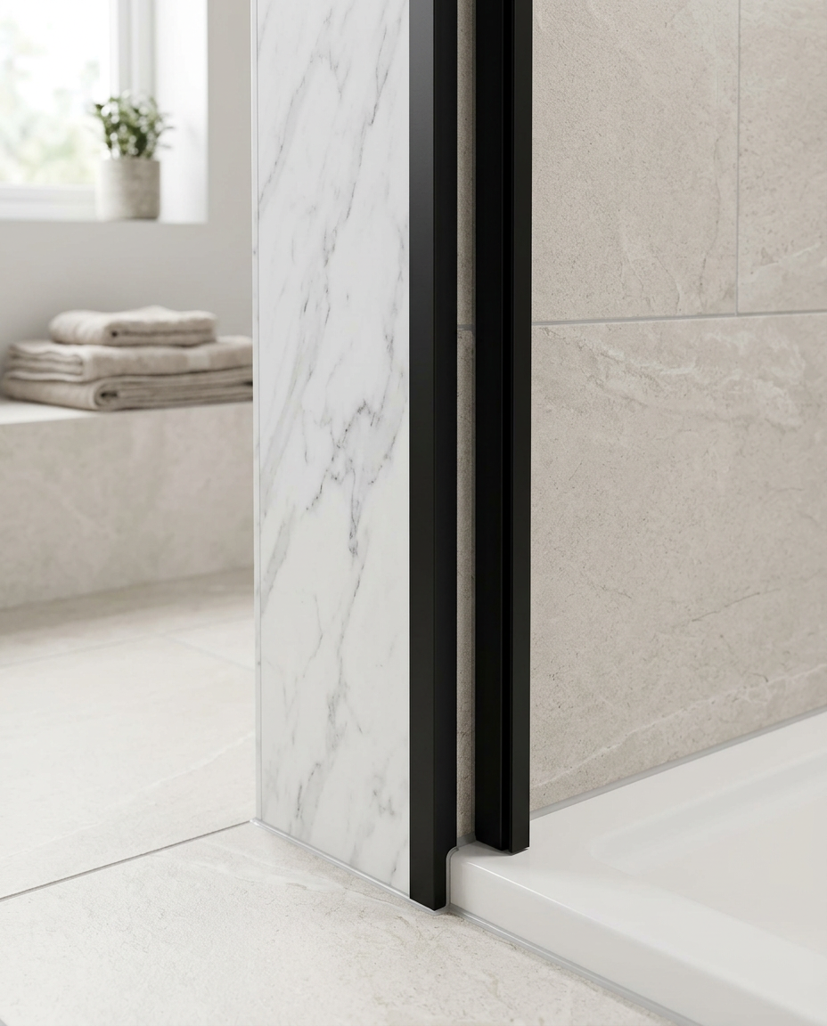 Cove 10mm Wall Panel Trims, black in a bright modern bathroom