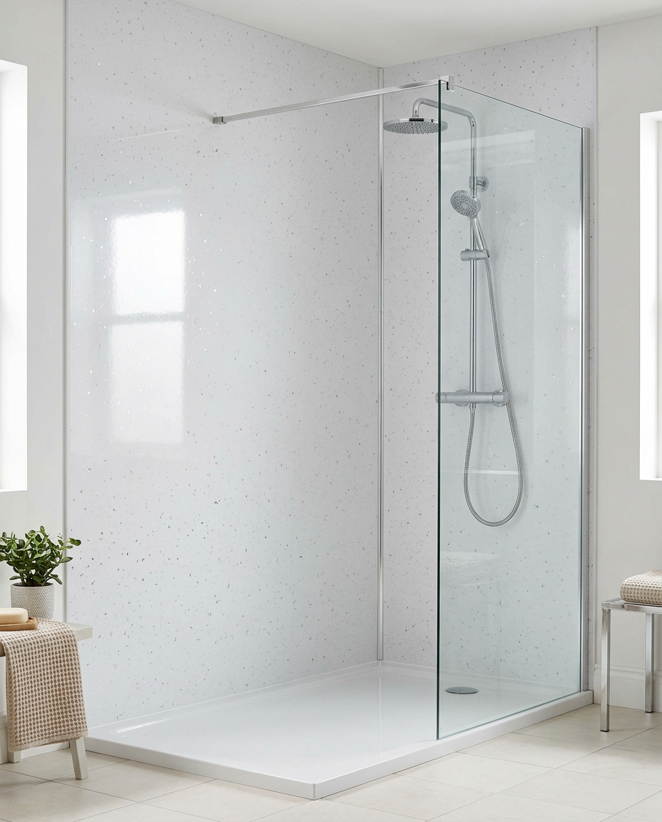 Cove PVC Shower Wall Panels, 2.4m x 1m, arctic sparkle white gloss in a bright modern bathroom