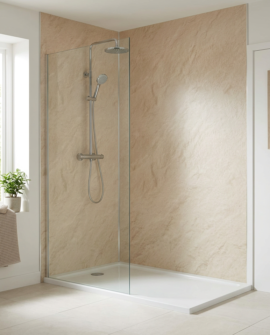 Cove PVC Shower Wall Panels, 2.4m x 1m, beige slate matt in a bright modern bathroom