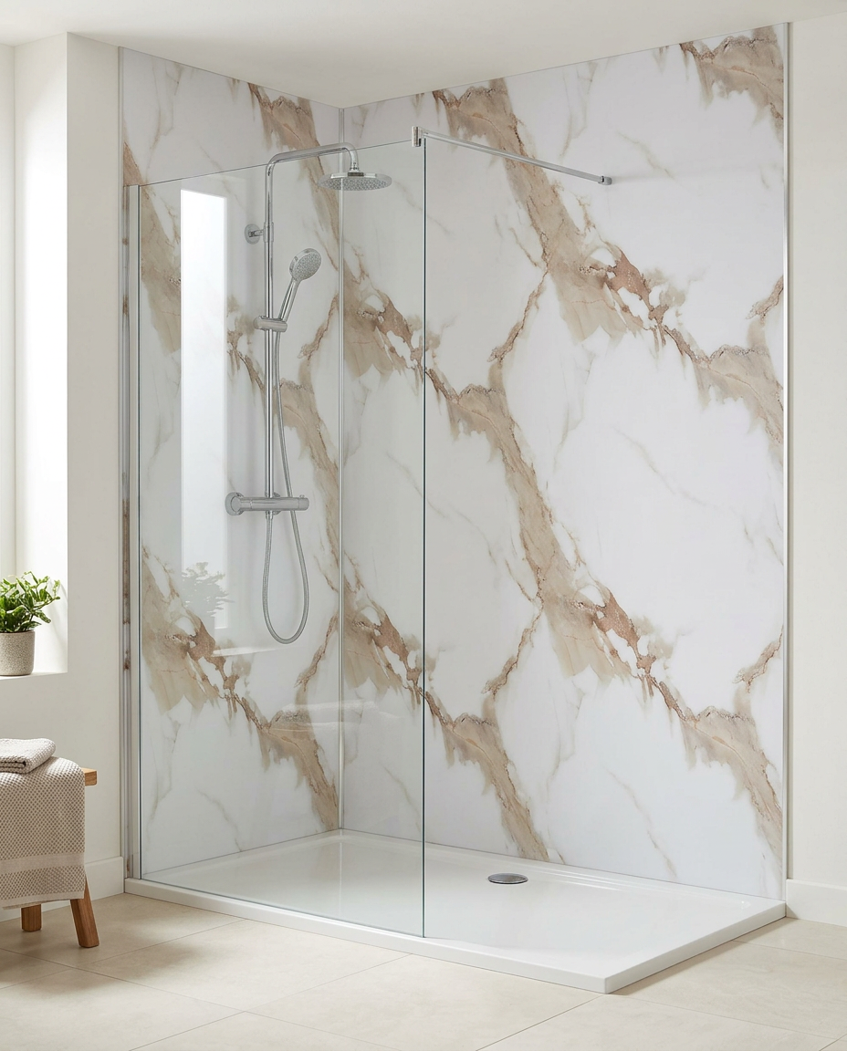Cove PVC Shower Wall Panels, 2.4m x 1m, carrera bronze super matt in a bright modern bathroom