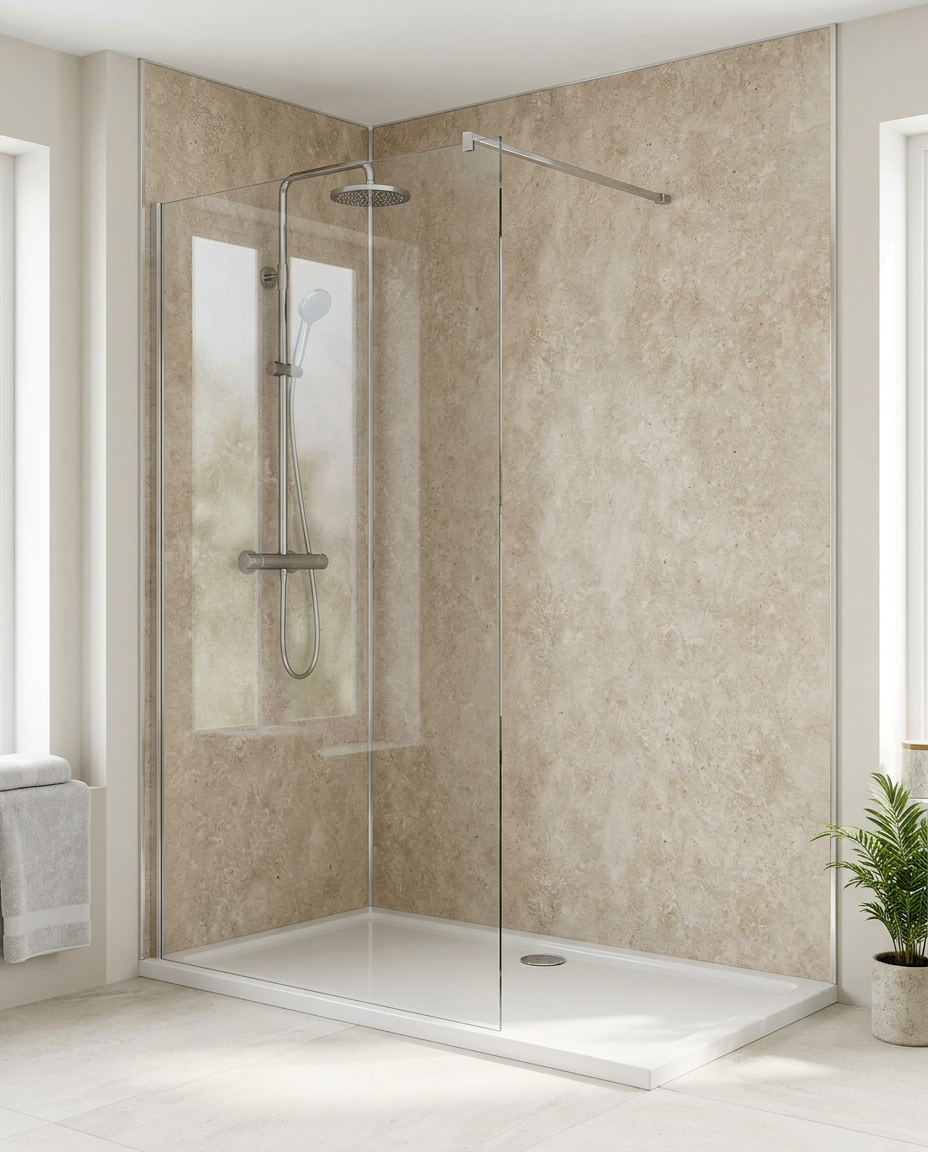 Cove PVC Shower Wall Panels, 2.4m x 1m, concrete beige matt in a bright modern bathroom