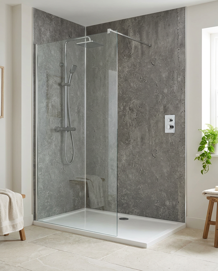 Cove PVC Shower Wall Panels, 2.4m x 1m, concrete black/grey matt in a bright modern bathroom