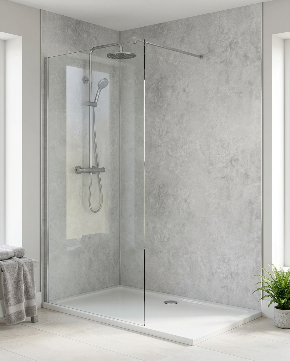 Cove PVC Shower Wall Panels, 2.4m x 1m, concrete white matt in a bright modern bathroom