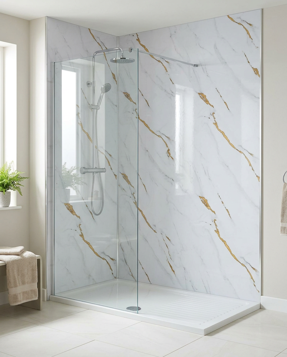 Cove PVC Shower Wall Panels, 2.4m x 1m, gilded marble gloss in a bright modern bathroom