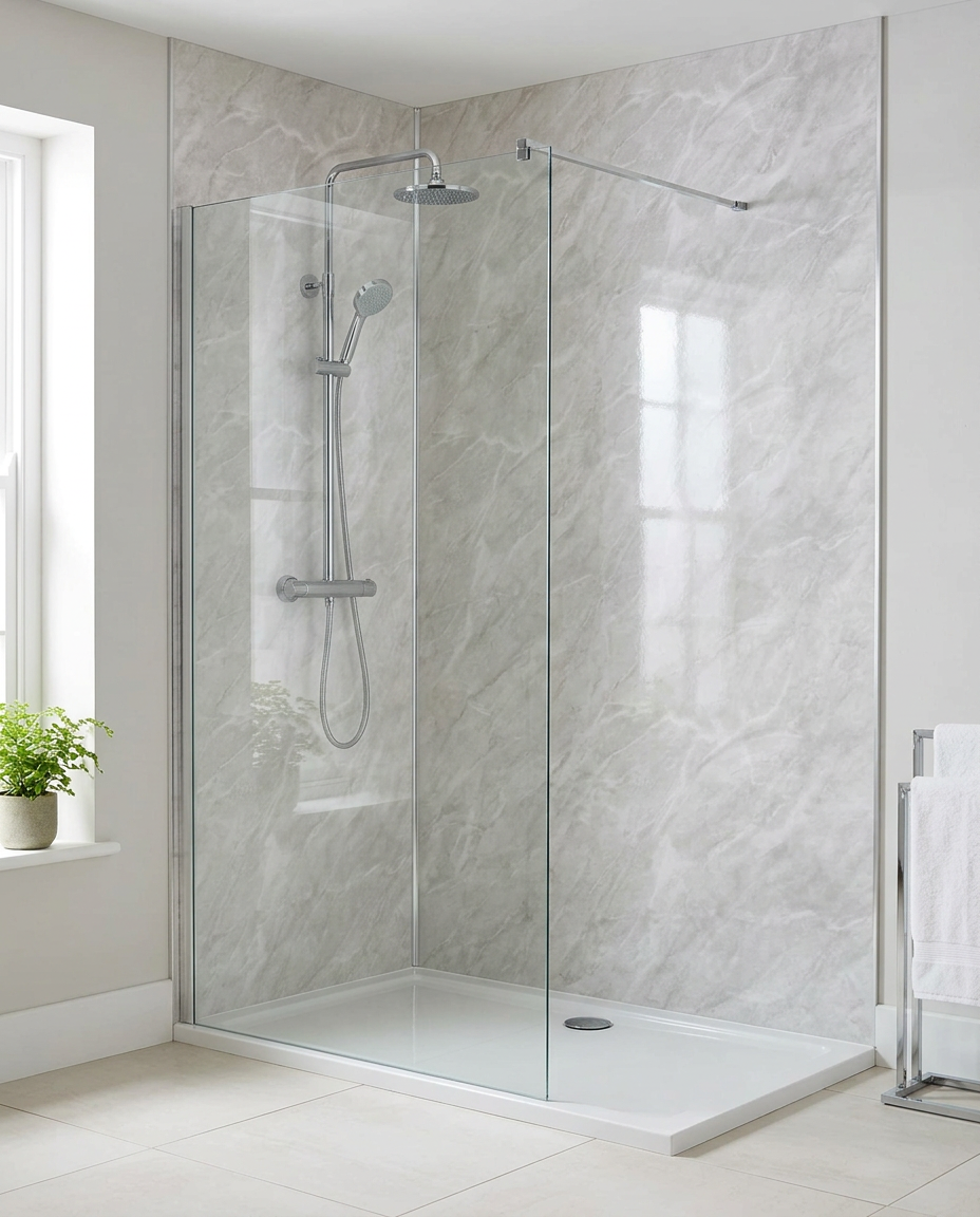 Cove PVC Shower Wall Panels, 2.4m x 1m, grey marble gloss in a bright modern bathroom