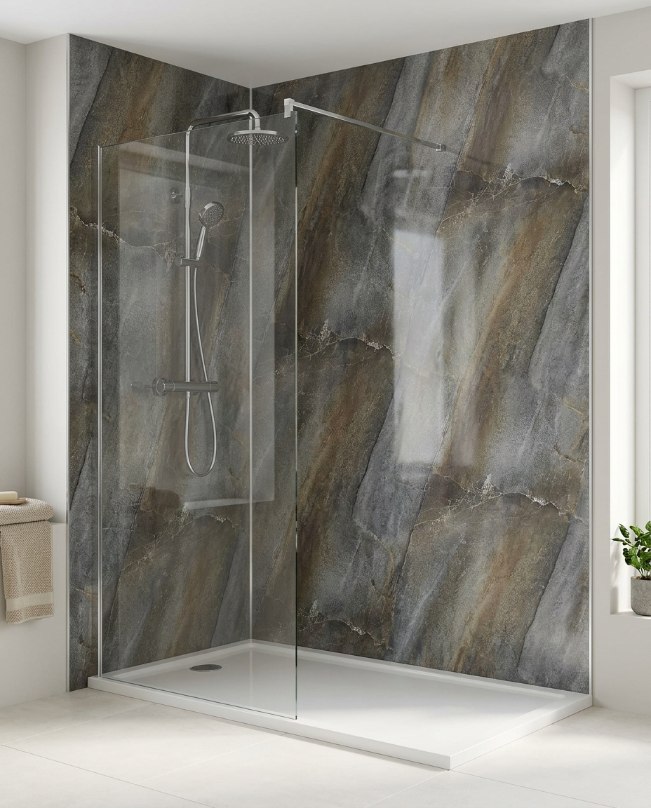 Cove PVC Shower Wall Panels, 2.4m x 1m, grey onyx gloss in a bright modern bathroom