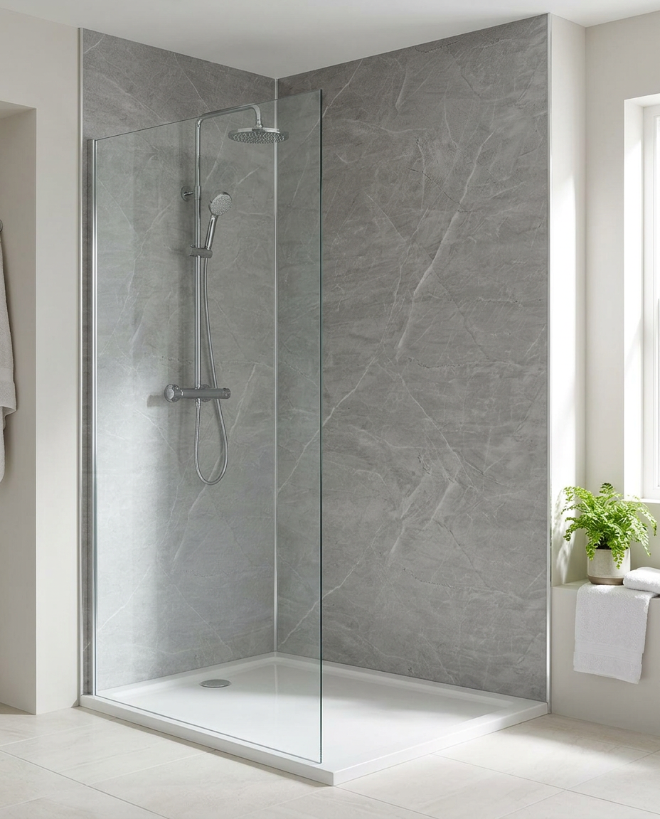 Cove PVC Shower Wall Panels, 2.4m x 1m, grey quartz matt in a bright modern bathroom