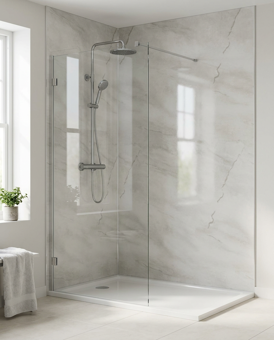 Cove PVC Shower Wall Panels, 2.4m x 1m, light grey marble gloss in a bright modern bathroom