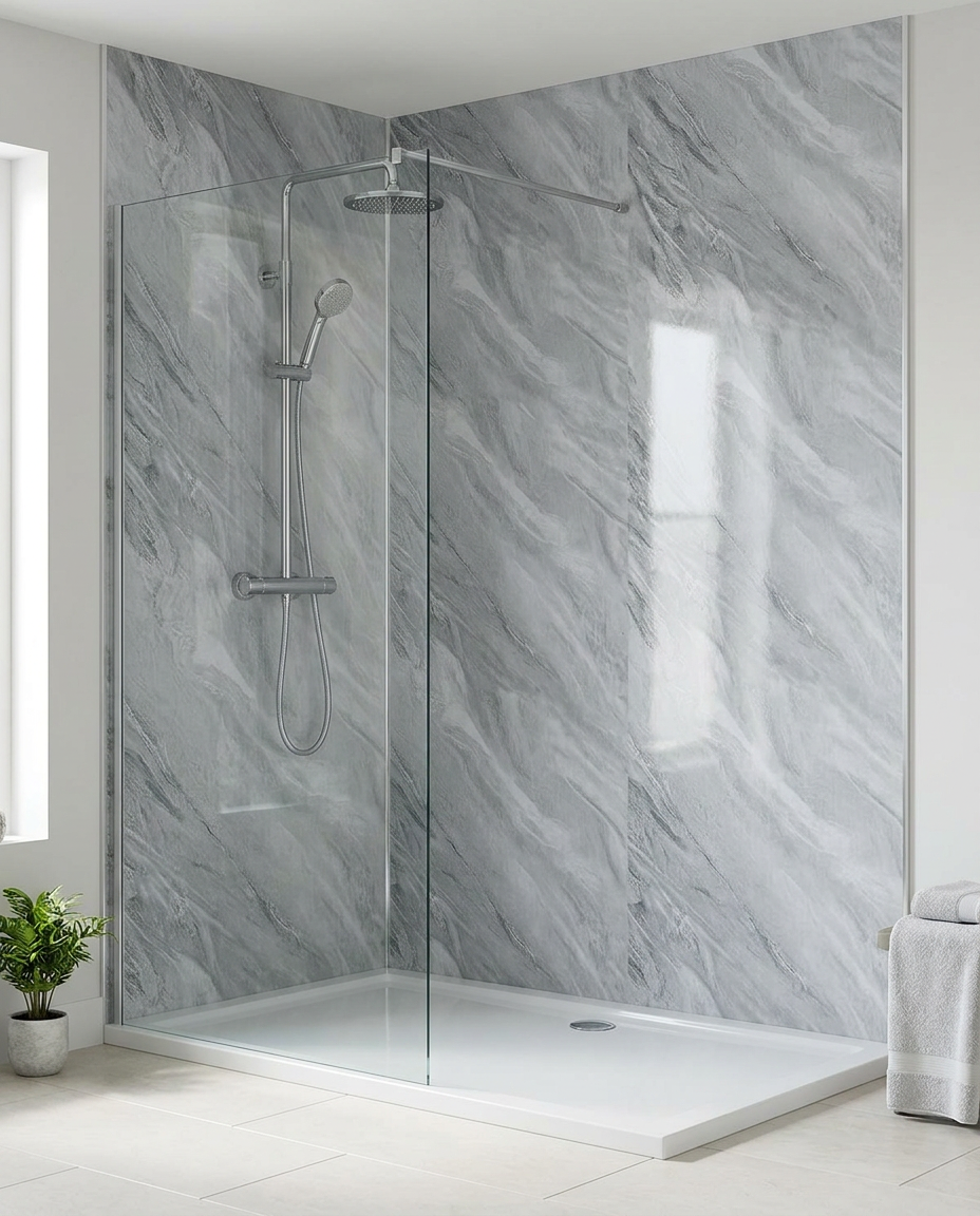 Cove PVC Shower Wall Panels, 2.4m x 1m, ocean marble gloss in a bright modern bathroom