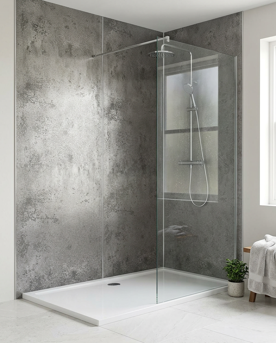 Cove PVC Shower Wall Panels, 2.4m x 1m, silver retro metallic matt in a bright modern bathroom