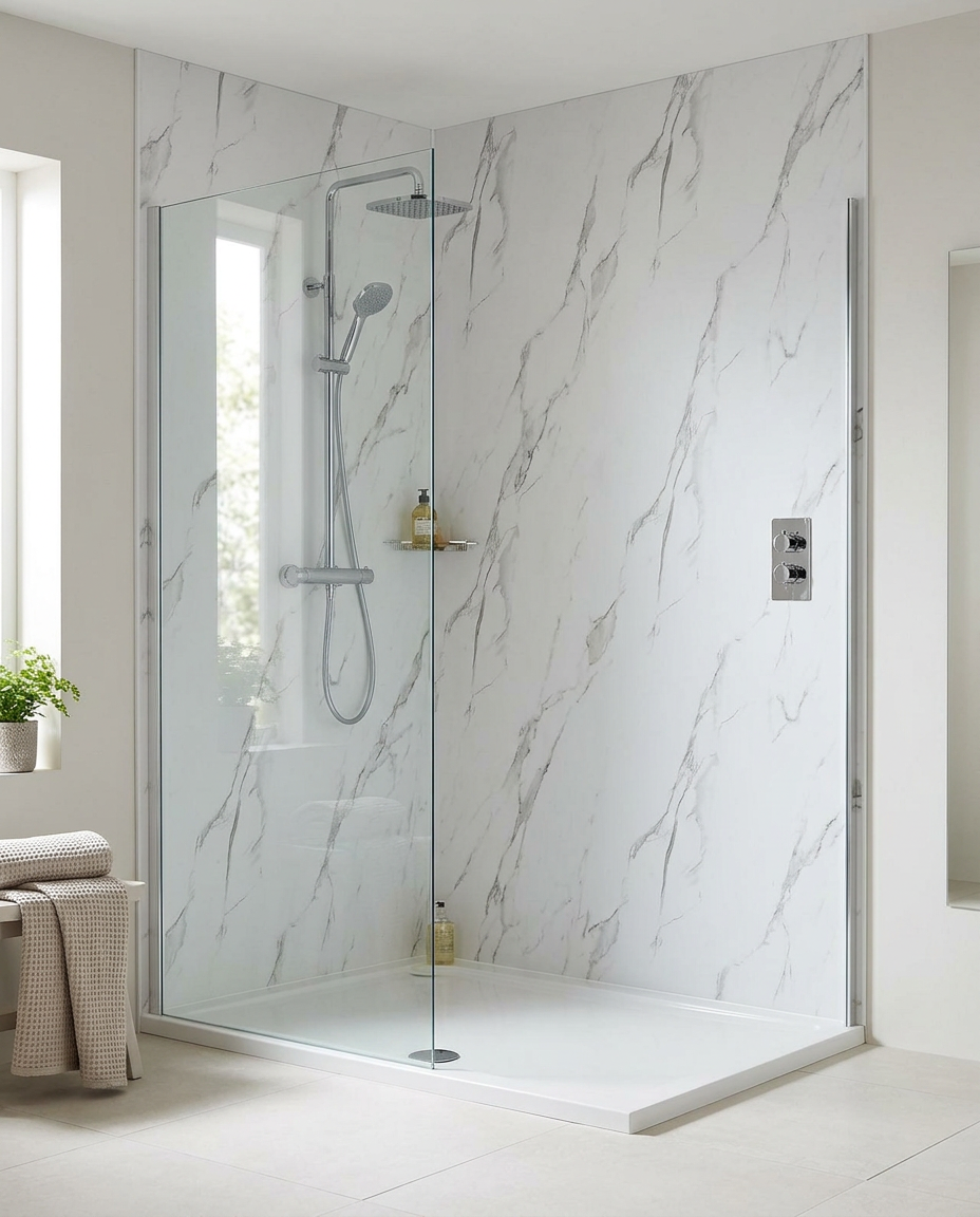 Cove PVC Shower Wall Panels, 2.4m x 1m, timeless marble super matt in a bright modern bathroom