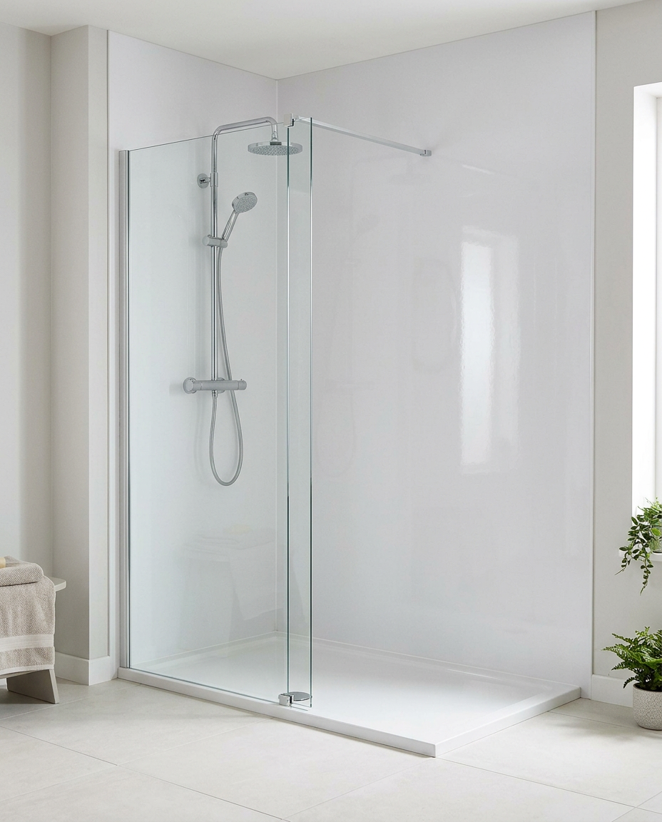 Cove PVC Shower Wall Panels, 2.4m x 1m, white gloss in a bright modern bathroom