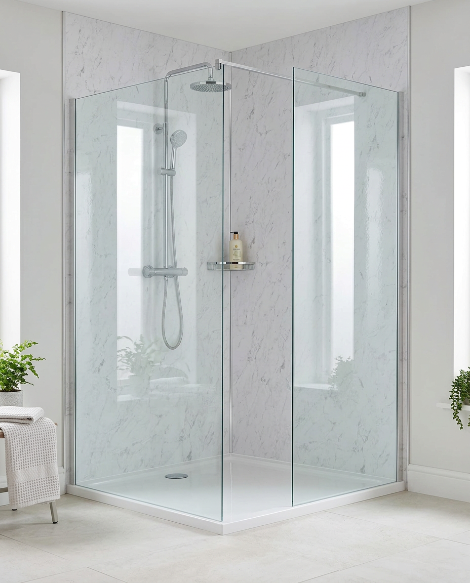 Cove PVC Shower Wall Panels, 2.4m x 1m, white marble gloss in a bright modern bathroom