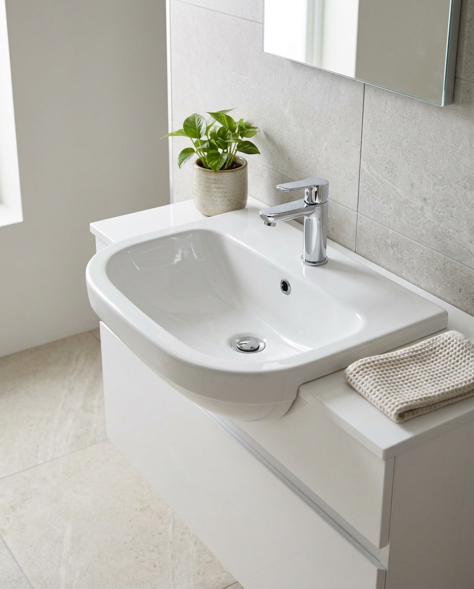 Duravit D-Code 550 Semi-Recessed Basin in a bright modern bathroom