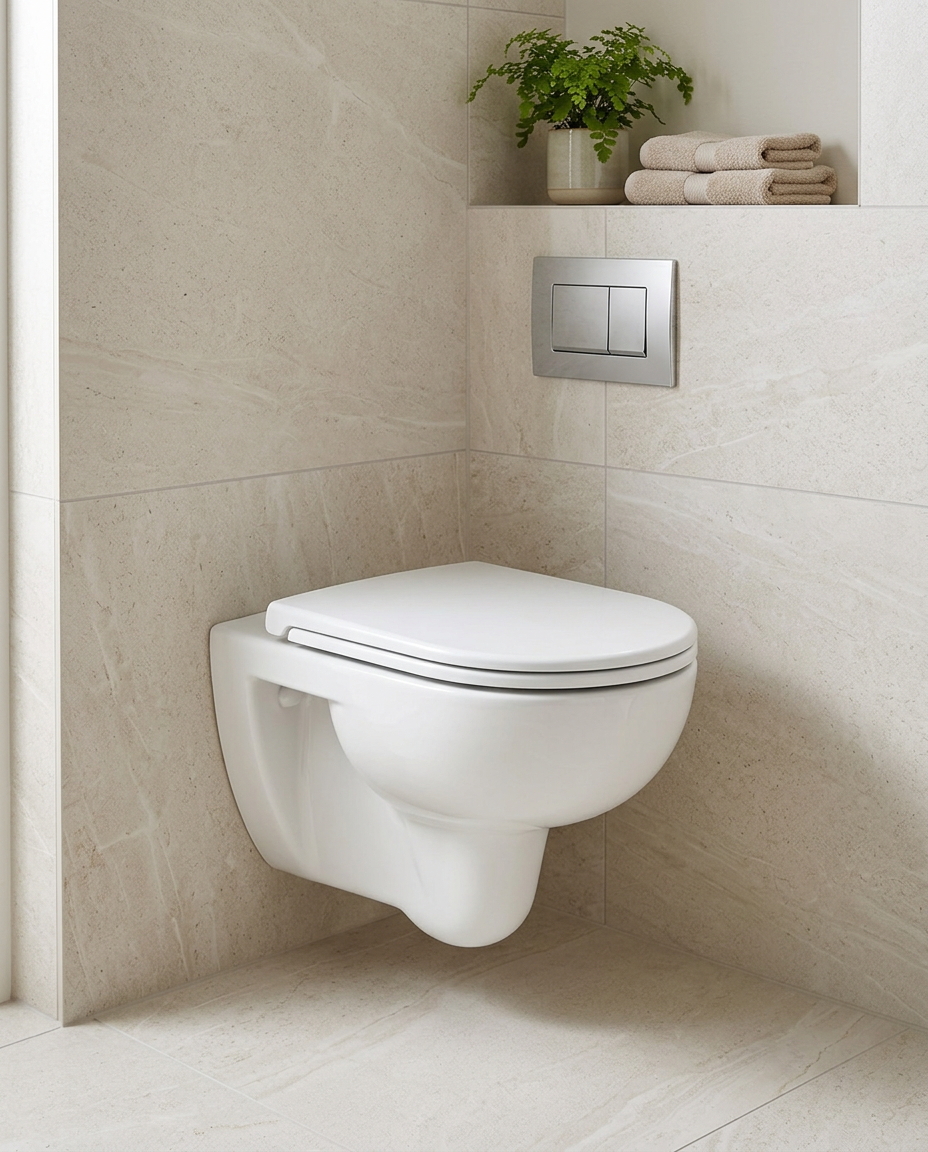 Duravit D-Code Wall Hung Toilet in a bright modern bathroom