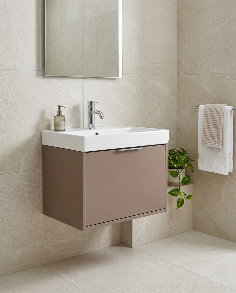 Dakara 600mm Wall Hung Vanity Unit & Basin, 1 Drawer + Hidden Drawer in a bright modern bathroom