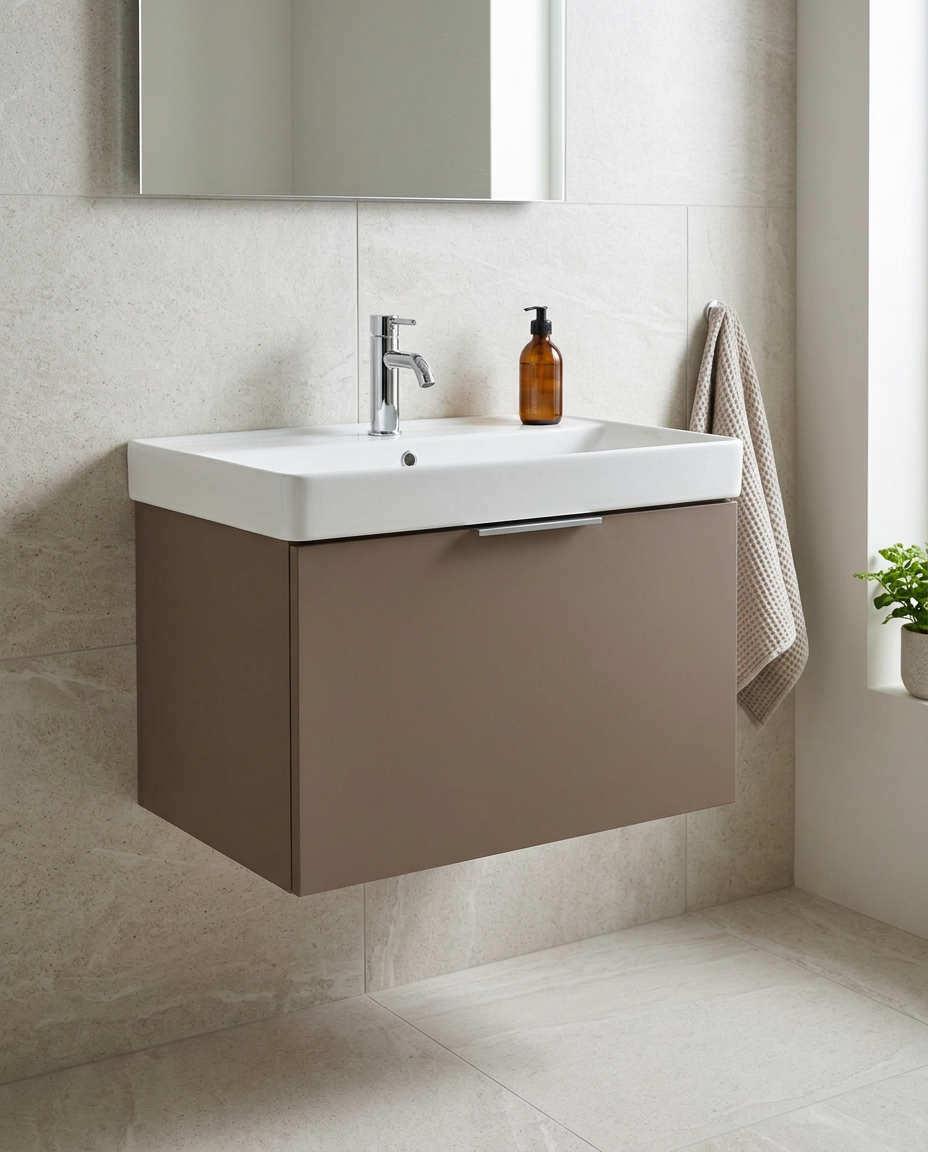 Dakara 800mm Wall Hung Vanity Unit & Basin, 1 Drawer + Hidden Drawer in a bright modern bathroom