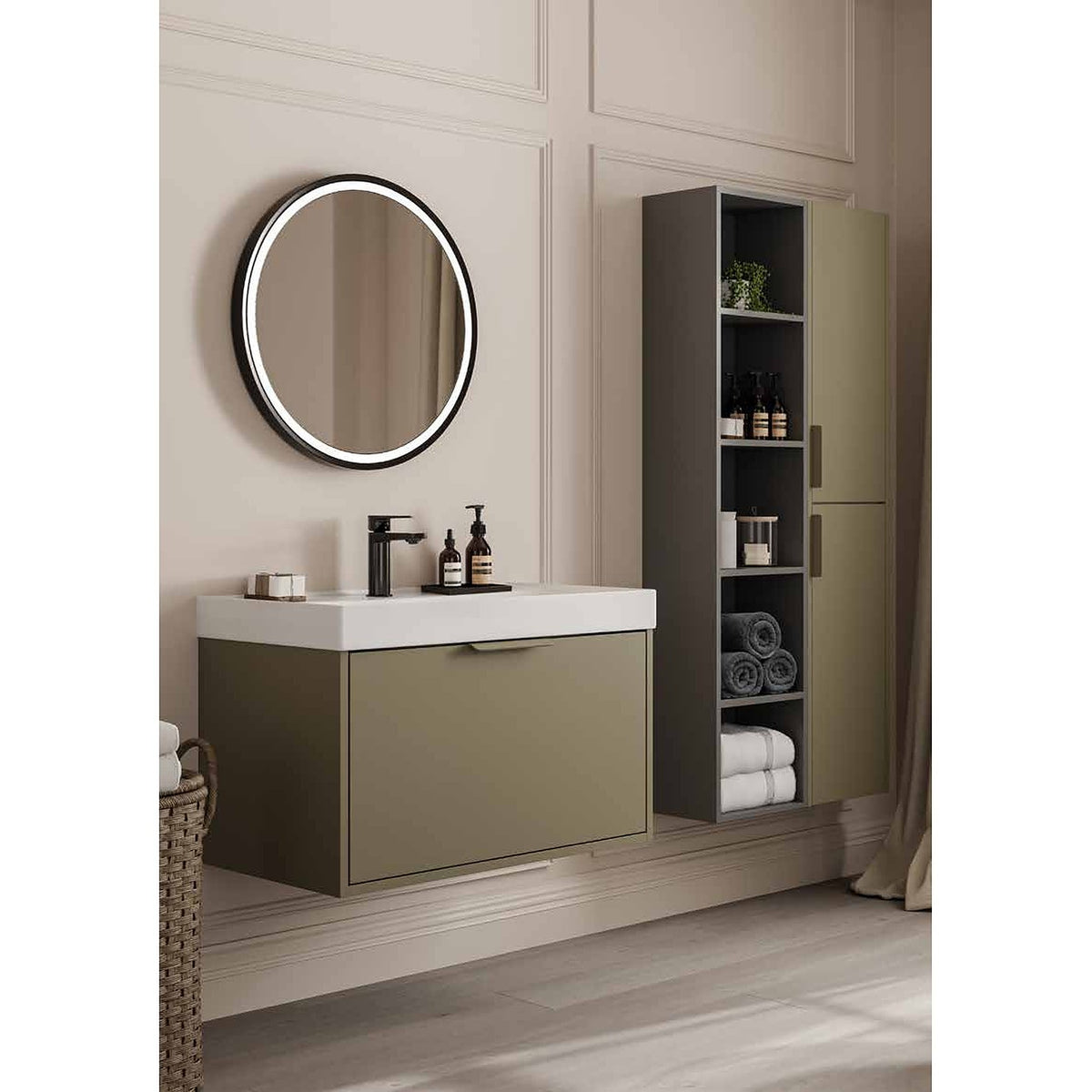 Dakara olive vanity unit with tall open shelf unit