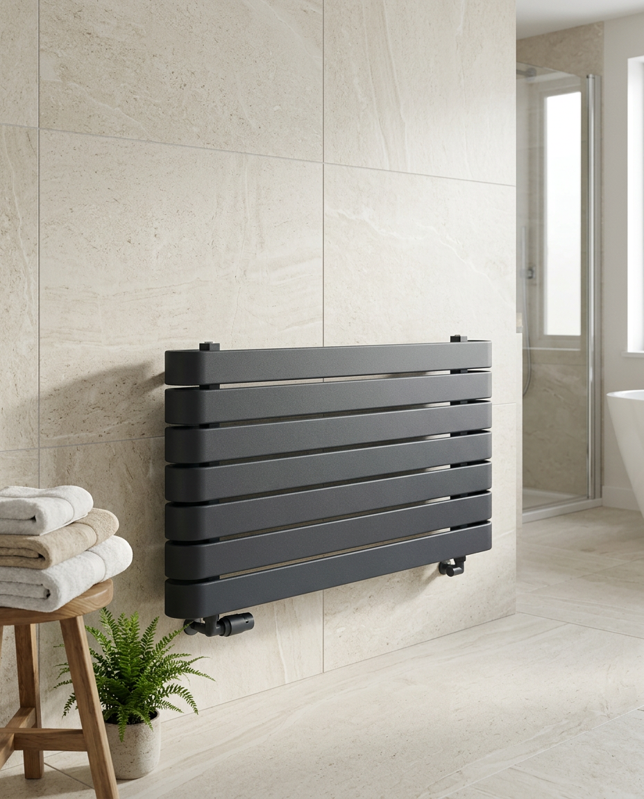 Dalton Designer Radiator, textured grey in a bright modern bathroom