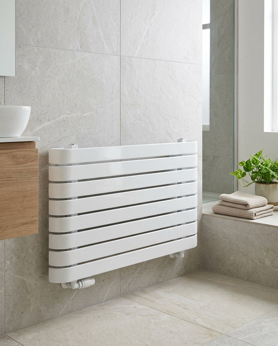 Dalton Designer Radiator, white gloss in a bright modern bathroom
