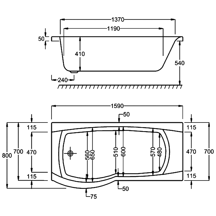 Carron Delta Shower Bath, technical drawing