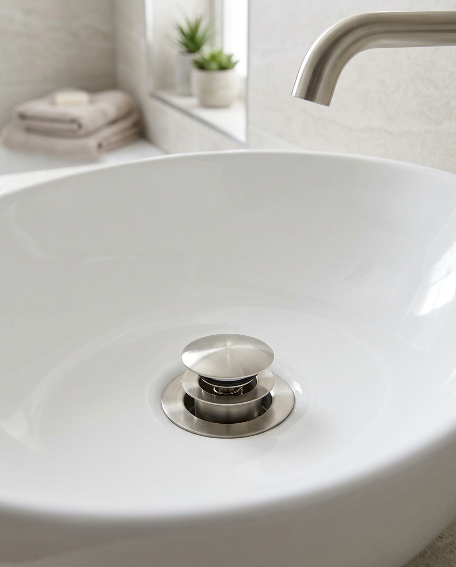 Easy Clean Click Basin Wastes, brushed nickel in a bright modern bathroom