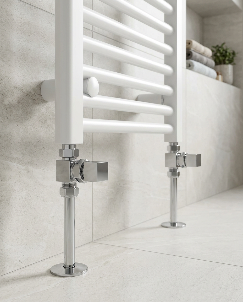 Designer Manual Radiator Valves, cube manual radiator valves in a bright modern bathroom