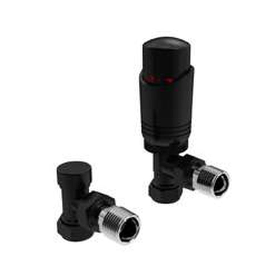 Designer Thermostatic Twin Radiator Valve Packs, Matt black, Angled