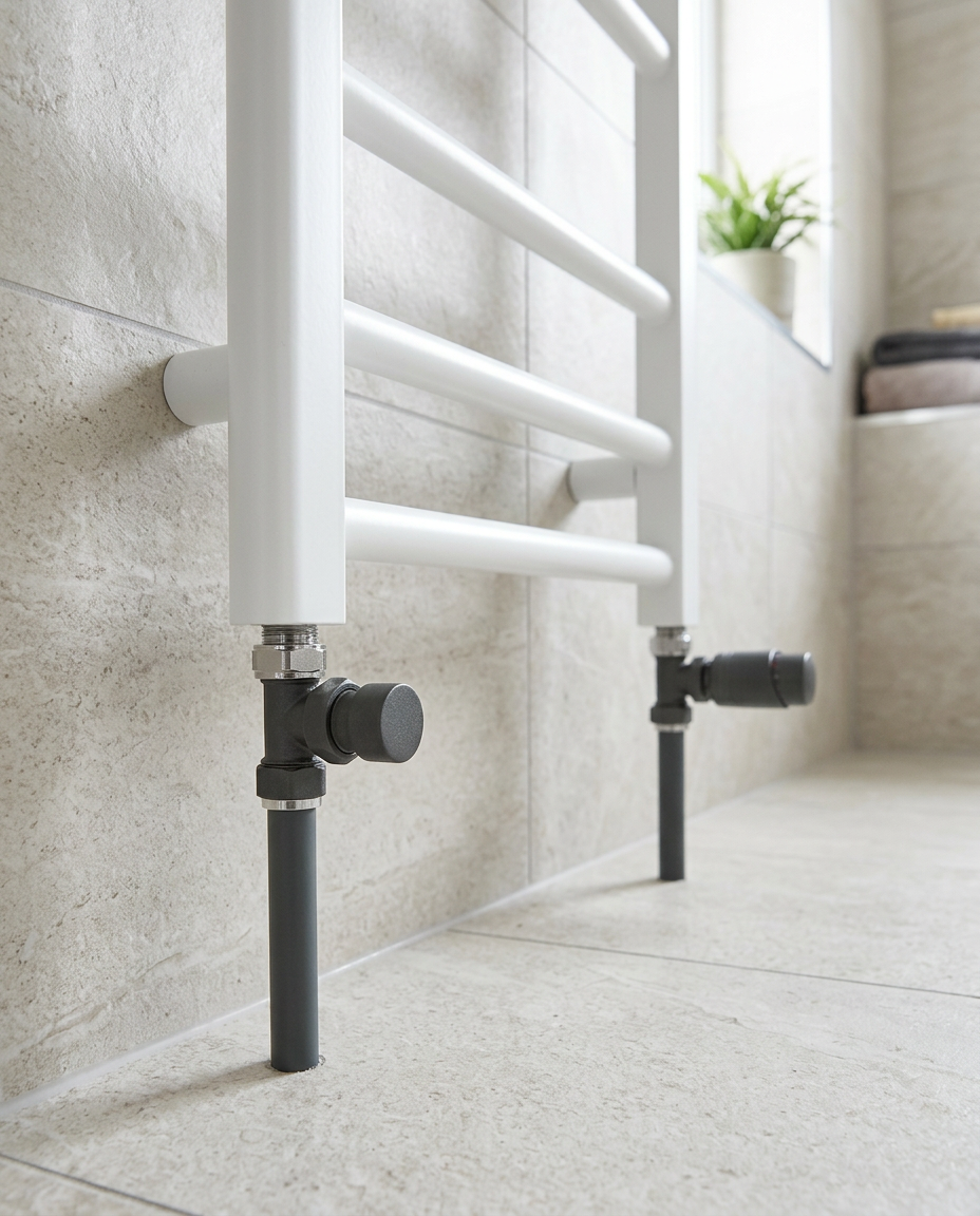 Designer Thermostatic Twin Radiator Valve Packs, anthracite in a bright modern bathroom