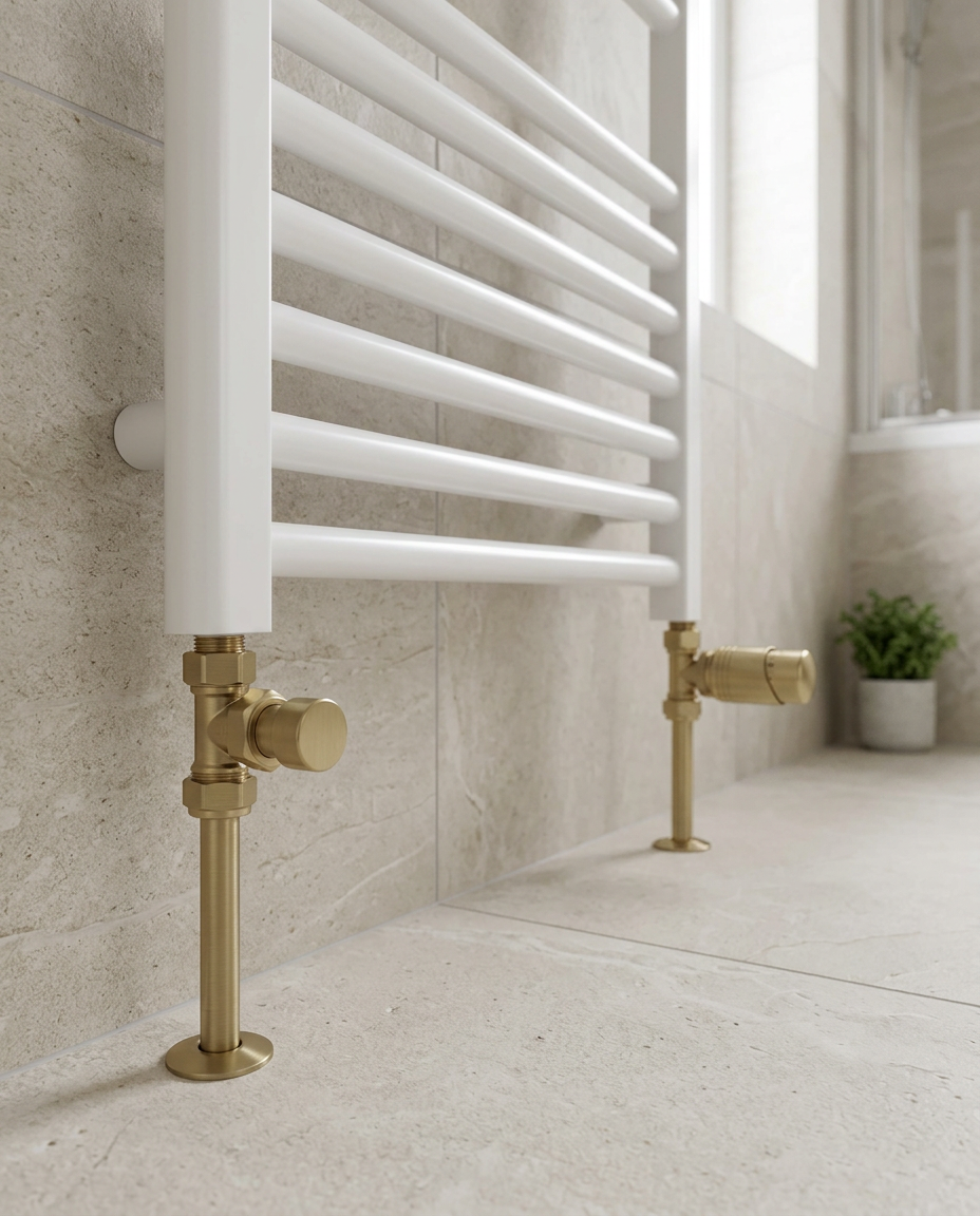 Designer Thermostatic Twin Radiator Valve Packs, brushed brass in a bright modern bathroom
