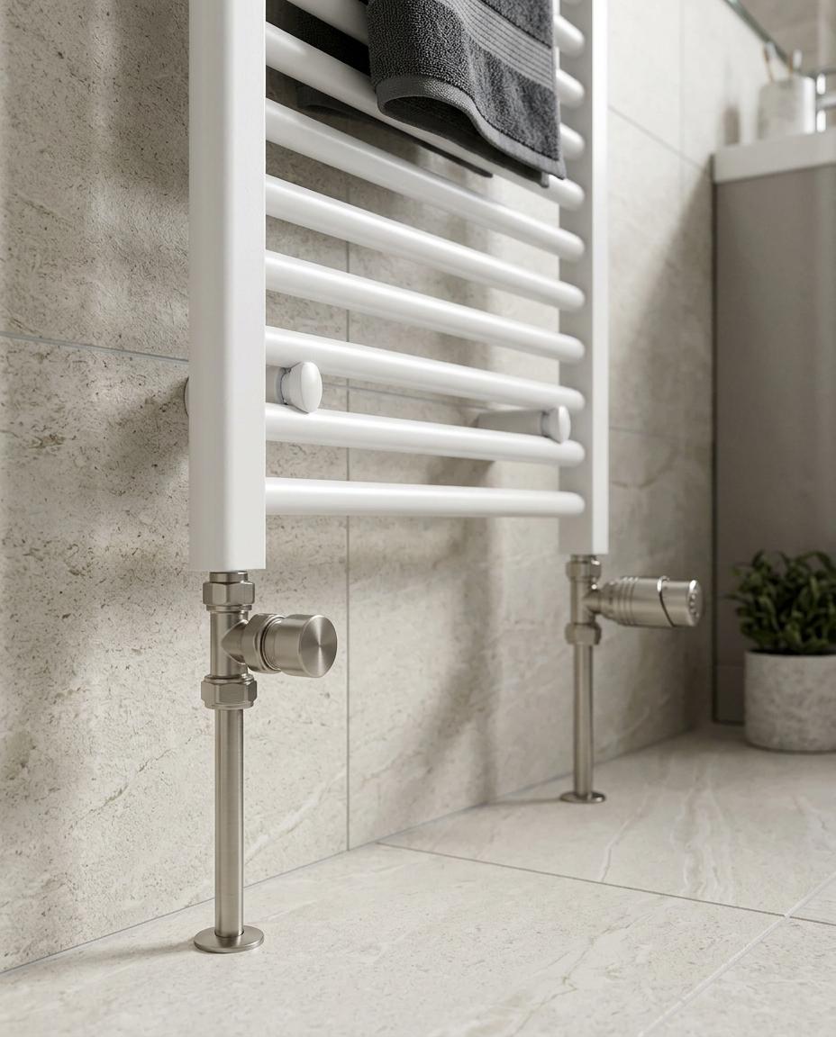 Designer Thermostatic Twin Radiator Valve Packs, brushed nickel in a bright modern bathroom