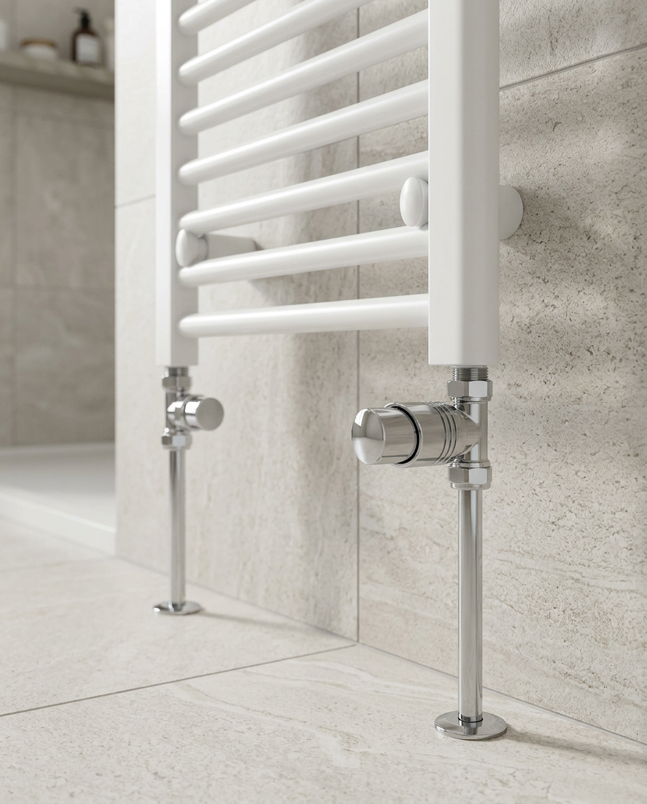 Designer Thermostatic Twin Radiator Valve Packs, chrome in a bright modern bathroom