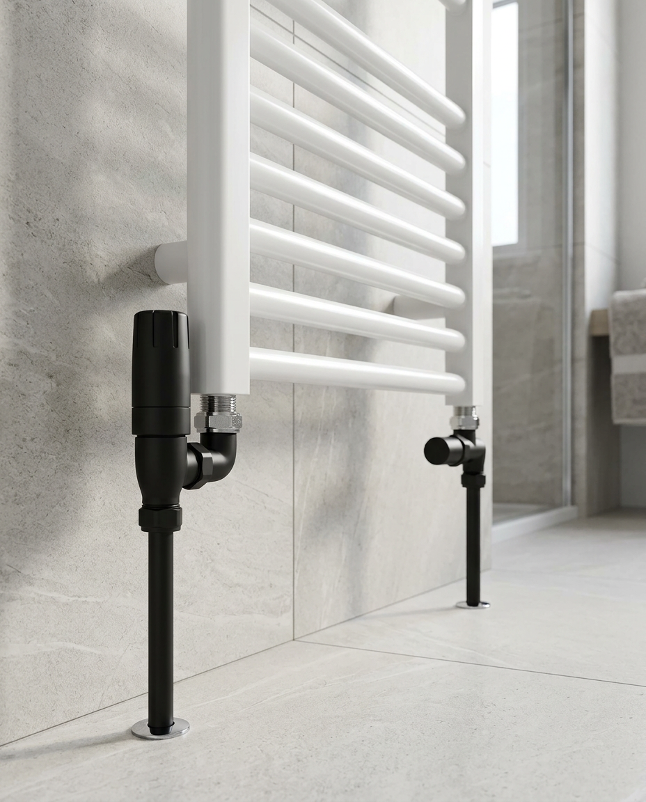 Designer Thermostatic Twin Radiator Valve Packs, matt black in a bright modern bathroom